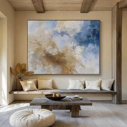 Blue, White, and Gold Abstract “Skyward Luxe Abstraction” Painting On Canvas DKH136