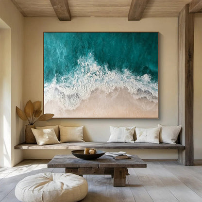 “Aerial Coastline” - Turquoise, White, Beige Seascape Textured Painting On Canvas DKH699