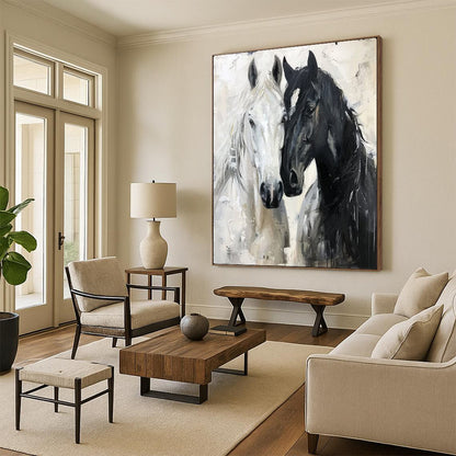 “Black & White Equine Bond” – Impasto Animal Painting On Canvas CT2122