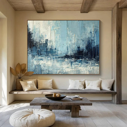 “Blue & Gray Textured Cityscape” Impasto Abstract Painting On Canvas DKH367