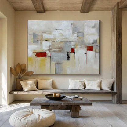 “Neutral Tones Abstract Geometry” - Beige, Gray, Red Minimalist Abstract Painting On Canvas DKH750