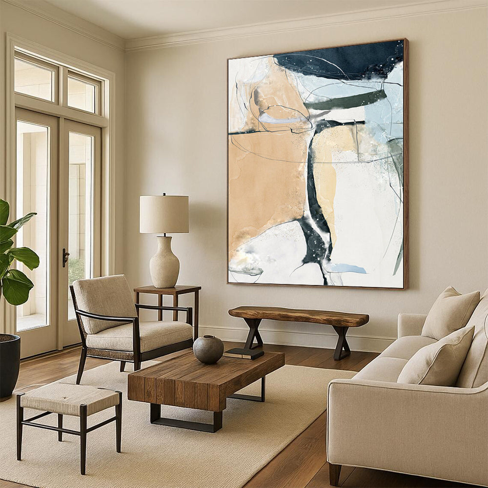 “Fluid Connections” - Beige, Blue, Black & White Abstract Lines Painting On Canvas DKH1523