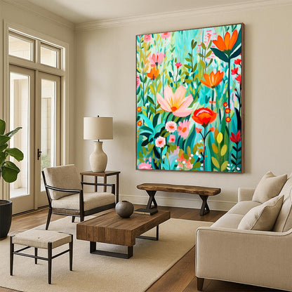 “Flat - Style Floral Field” - Colorful Flat - Design Floral Field Painting On Canvas DKH1595