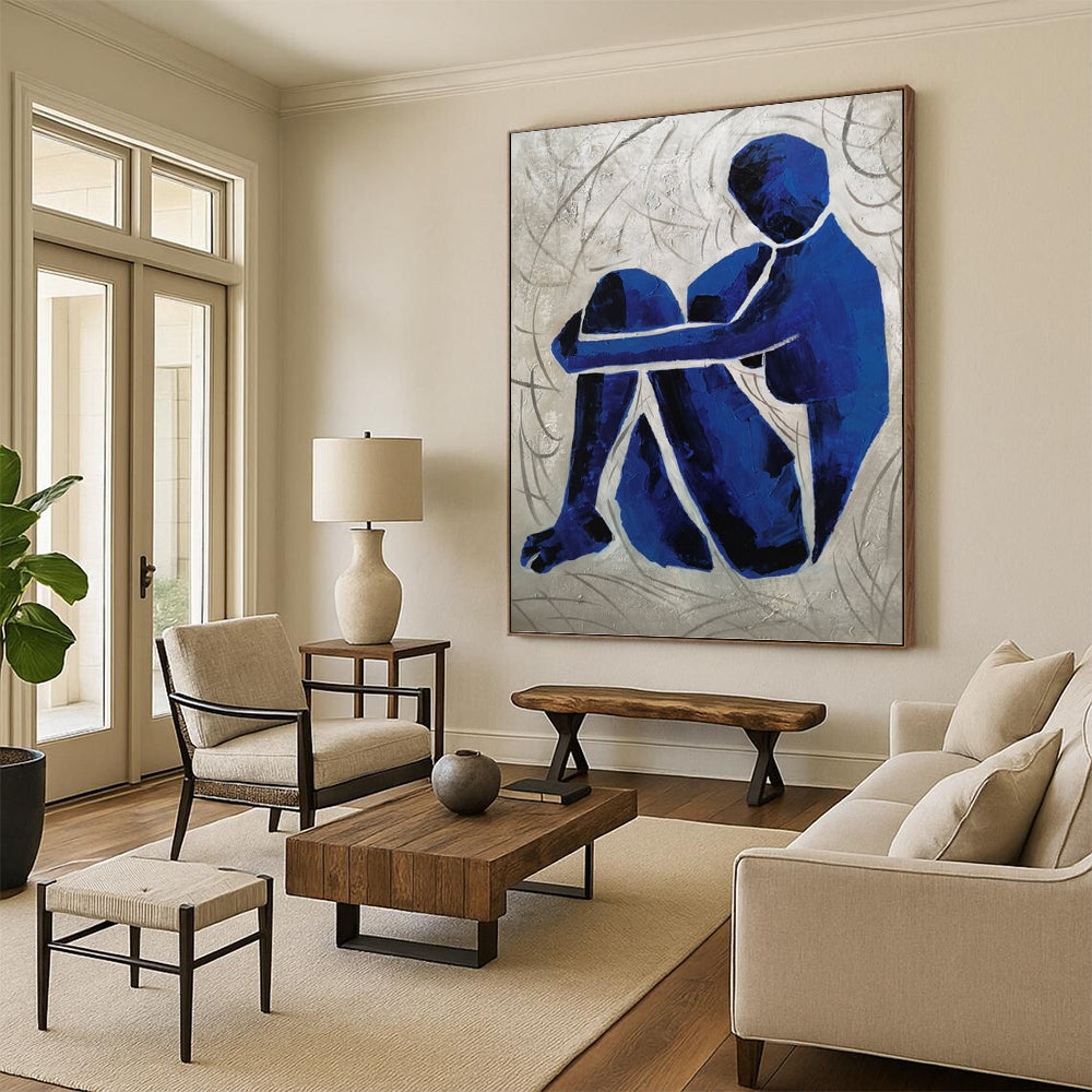 “Contemplative Blue” - Blue and Gray Abstract Figure Painting On Canvas DKH1569