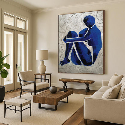 “Contemplative Blue” - Blue and Gray Abstract Figure Painting On Canvas DKH1569