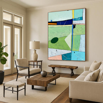 “Green - Dominant Abstract with Colorful Geometric Shapes” - Vibrant Abstract Landscape - Inspired Painting On Canvas DKH1104