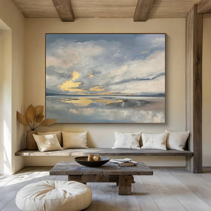 “Cloudy Sky Reflections” - Gray, Gold & Blue Atmospheric Landscape Painting On Canvas DLZ253