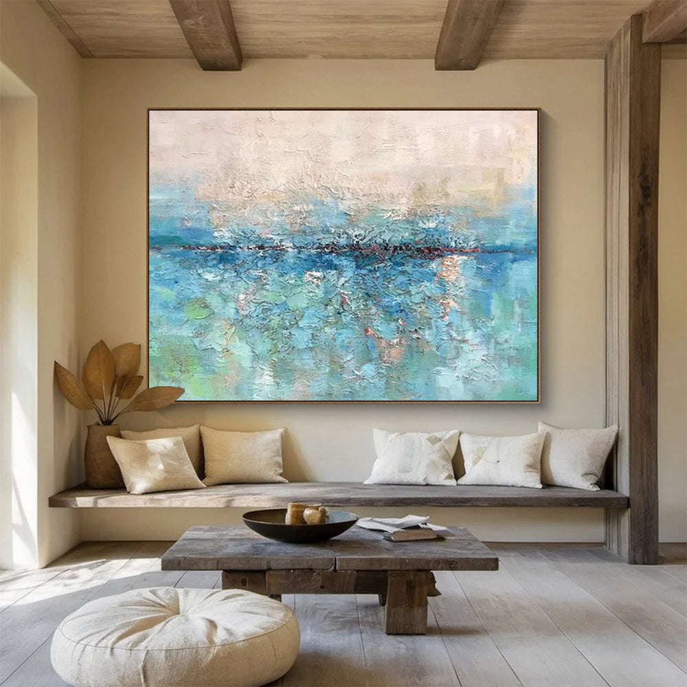 “Blue & Green Textured Waterscape” Impasto Landscape Painting On Canvas DKH355