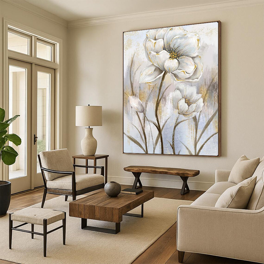 “Elegant White Flowers with Gold Accents” – Floral Oil Painting On Canvas CT2124