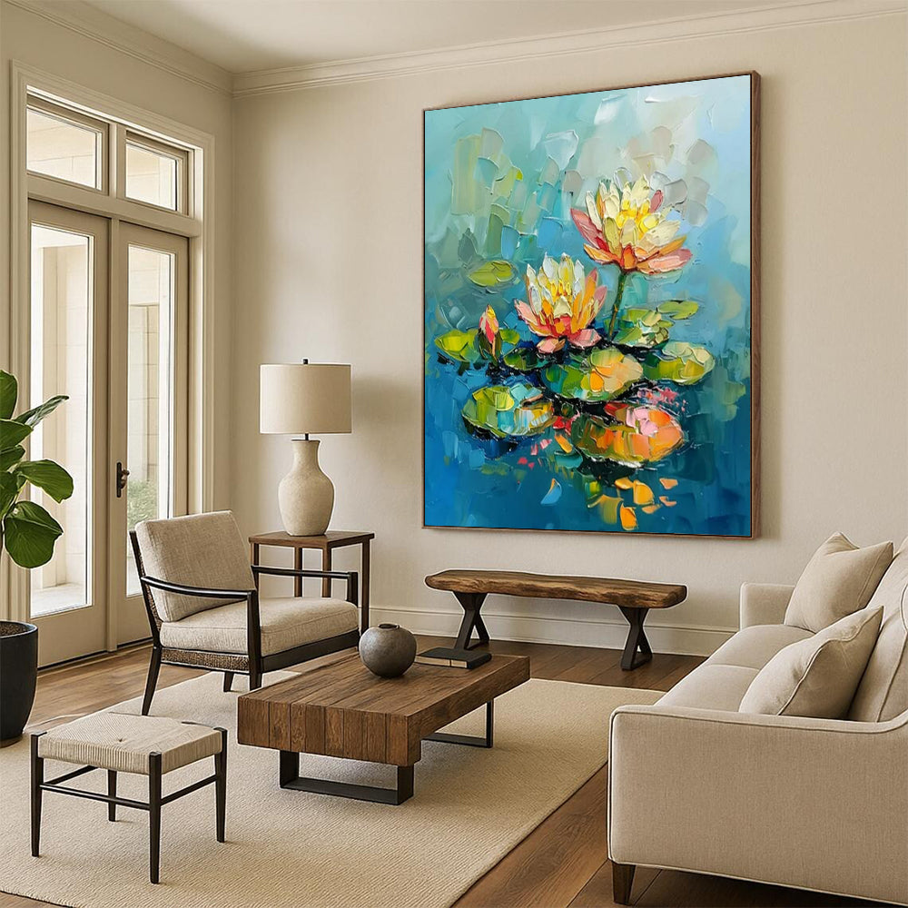 “Water Lilies” - Colorful Impasto Floral Painting On Canvas CT2240