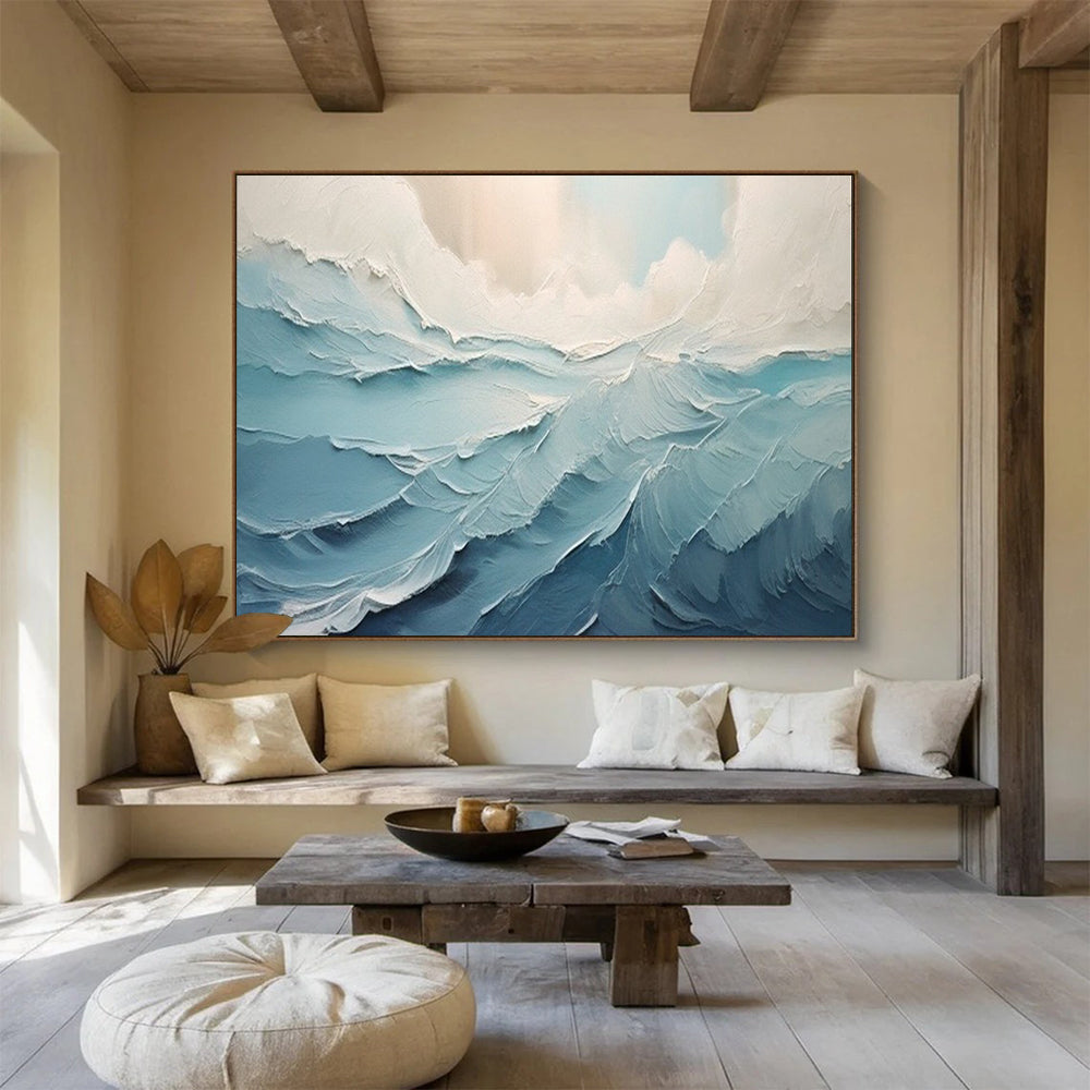 Blue and White Textured Waves - Impasto Seascape Painting On Canvas DLZ227