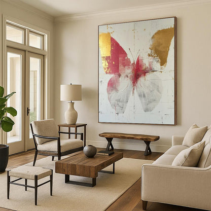 “Elegant Red - Gold Butterfly” - Red, Gold & White Butterfly Painting On Canvas CT2207