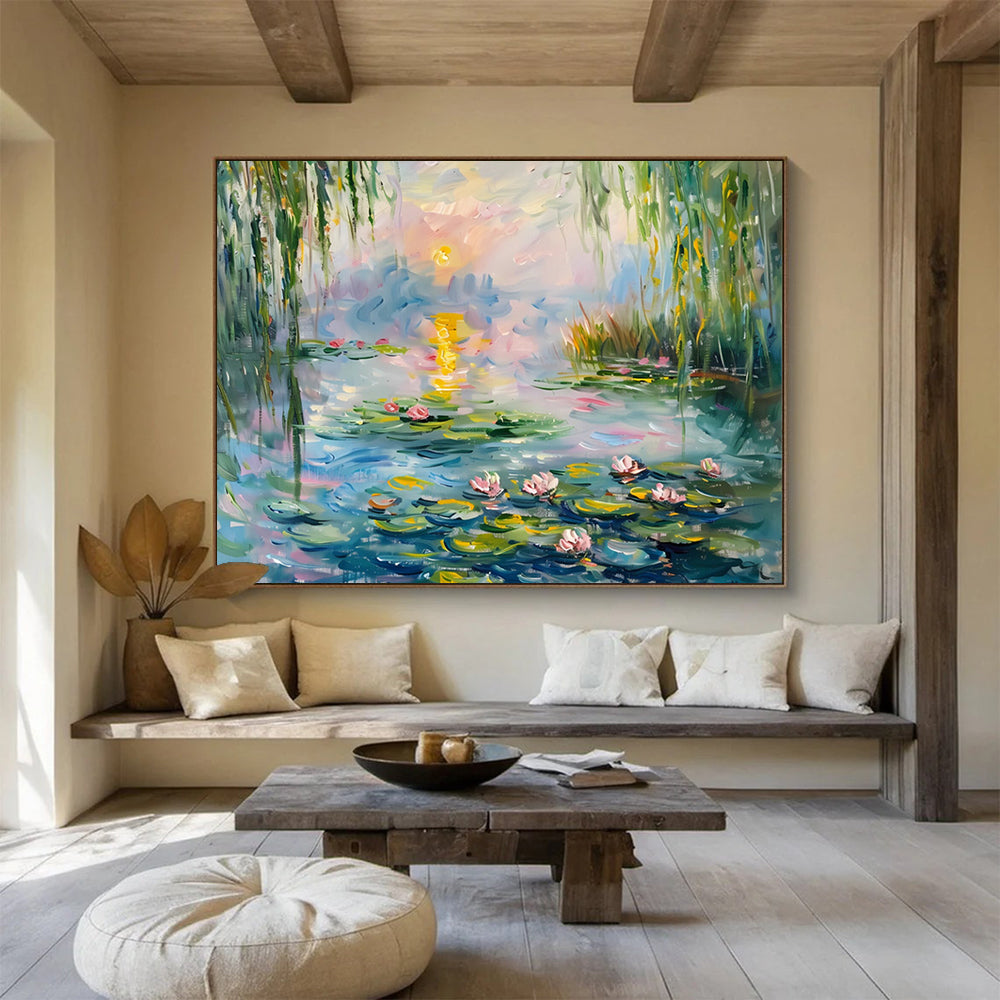 Water Lilies at Sunset - Impressionist Landscape Painting On Canvas DLZ194