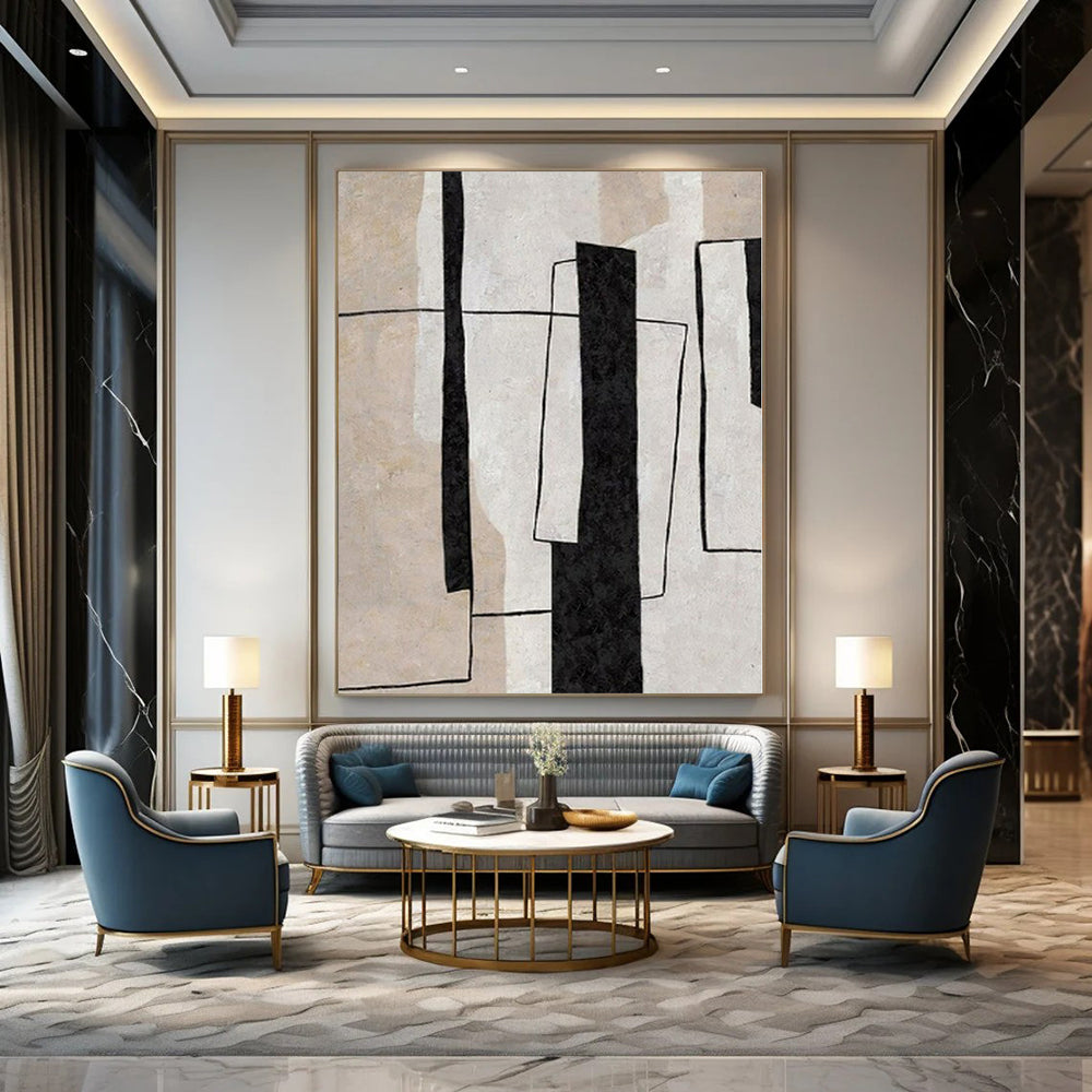 “Black - White - Beige Geometric Layers” – Geometric Abstract Painting CT1135