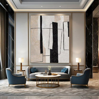“Black - White - Beige Geometric Layers” – Geometric Abstract Painting CT1135