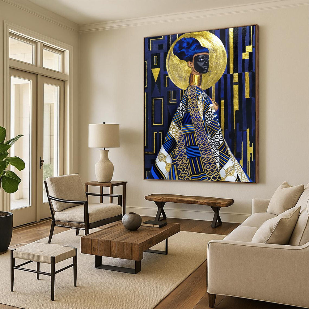 “Regal Blue & Gold Figure” - Afro - Centric Inspired Portrait Painting On Canvas DKH1624