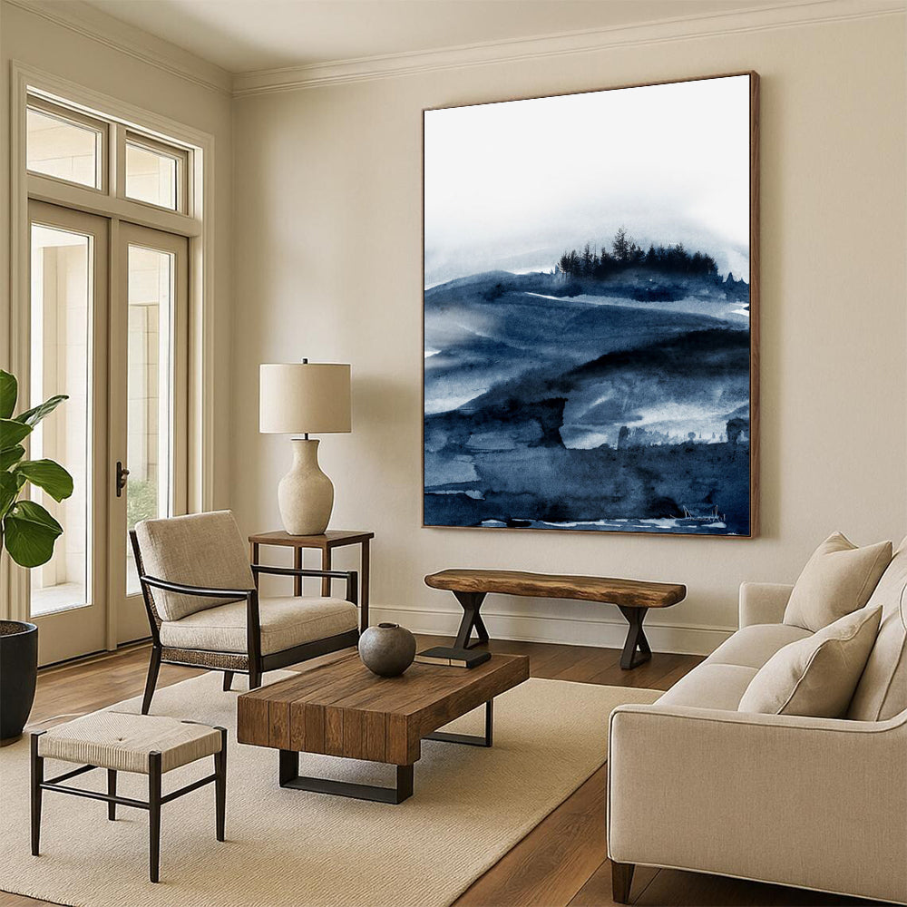“Blue Watercolor Landscape” - Blue, White Abstract Landscape Painting On Canvas DTP230