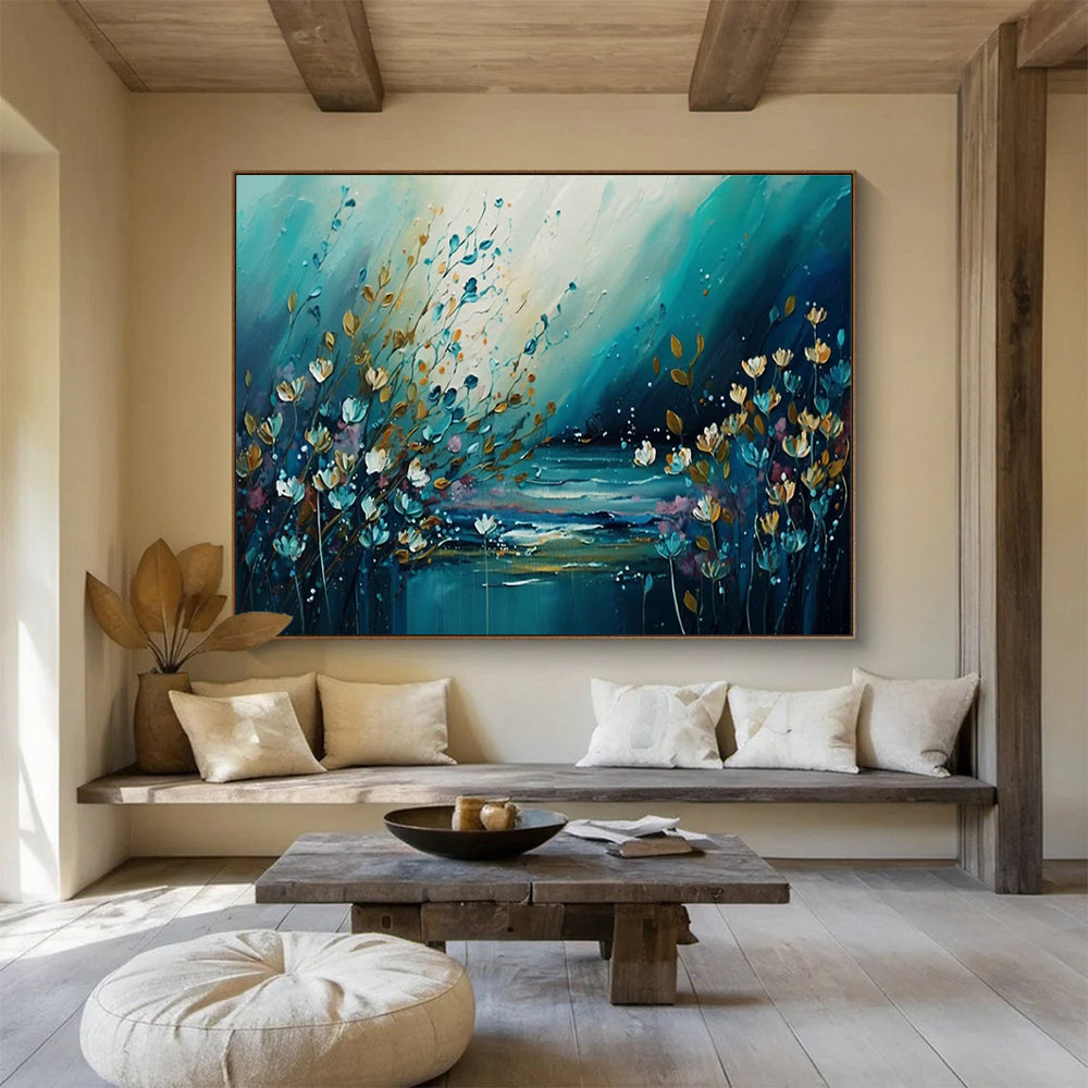 Riverbank Blooms - Teal & Gold Floral Landscape Painting On Canvas DKH879