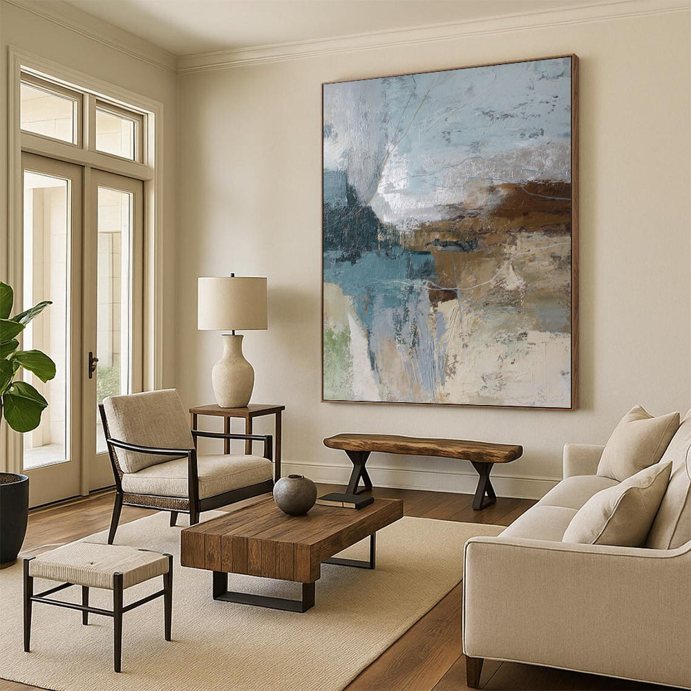 “Blue, Brown & Gray Abstract” - Blue, Brown & Gray Industrial - Inspired Painting On Canvas DKH1012