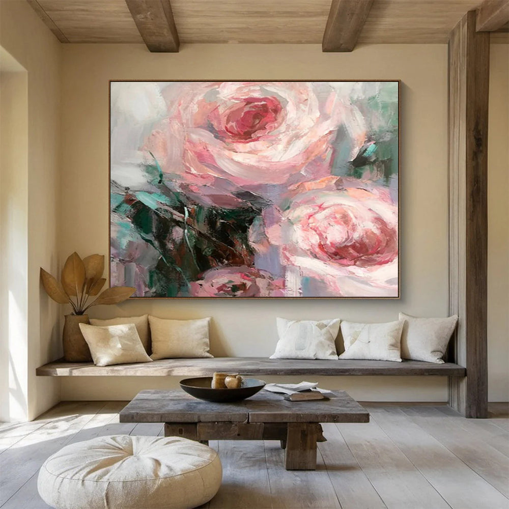 “Blush Rose Impasto” - Pink, White, Green Floral Oil Painting On Canvas DKH724