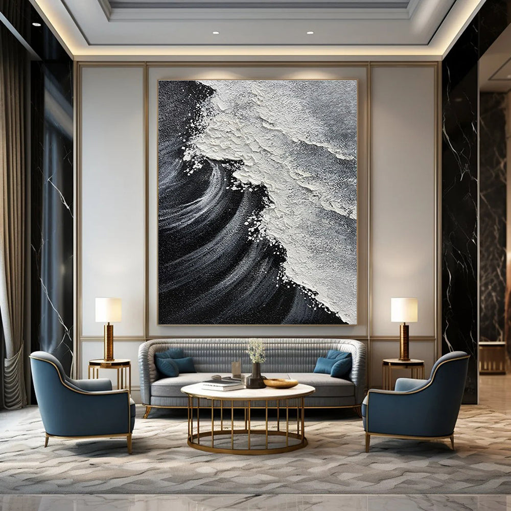 Black, White & Grey, Dynamic Wave - "Sea Rage" - Textured Abstract Acrylic Painting CT1484