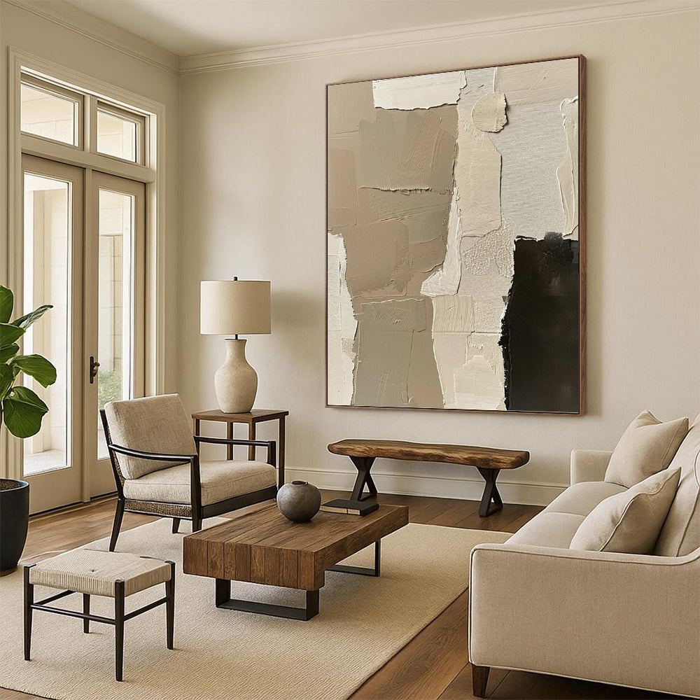 “Neutral Patchwork” - Beige & Black Layered Textures Painting On Canvas DKH1161