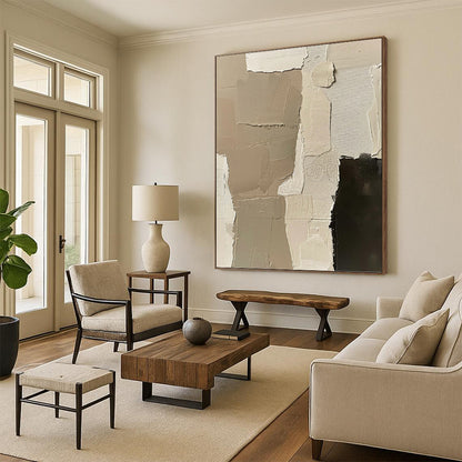 “Neutral Patchwork” - Beige & Black Layered Textures Painting On Canvas DKH1161