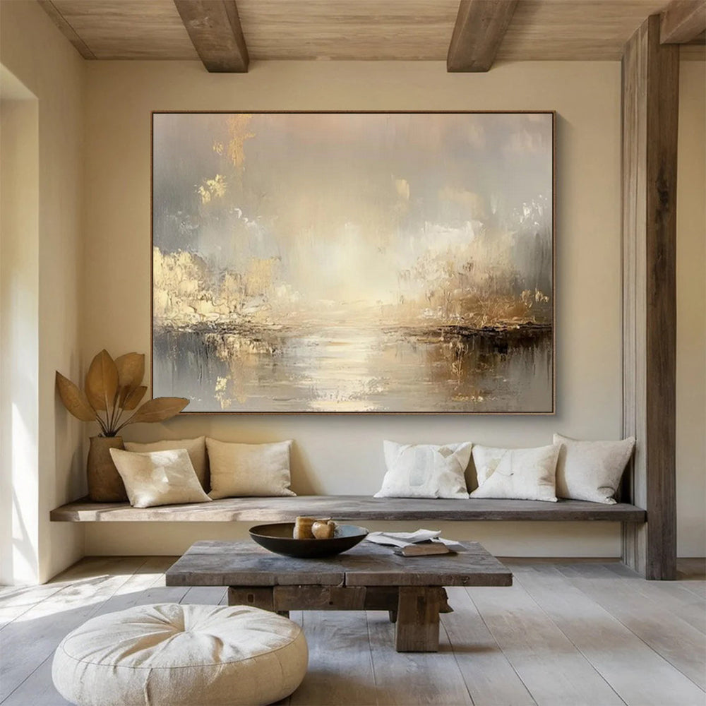 Gold Accent River Landscape Painting On Canvas DKH323