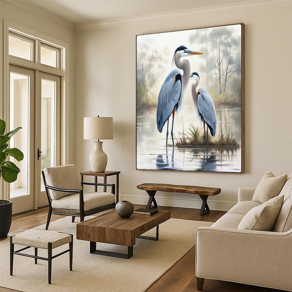 “Blue Herons in Misty Wetland” – Realistic Bird Oil Painting On Canvas CT2129