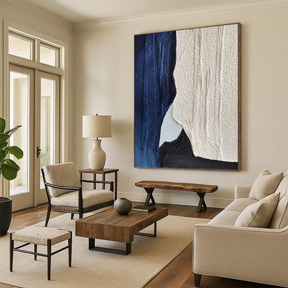 “Indigo & Ivory” - Indigo, Ivory & Black Textured Abstract Shapes Painting On Canvas DKH1547