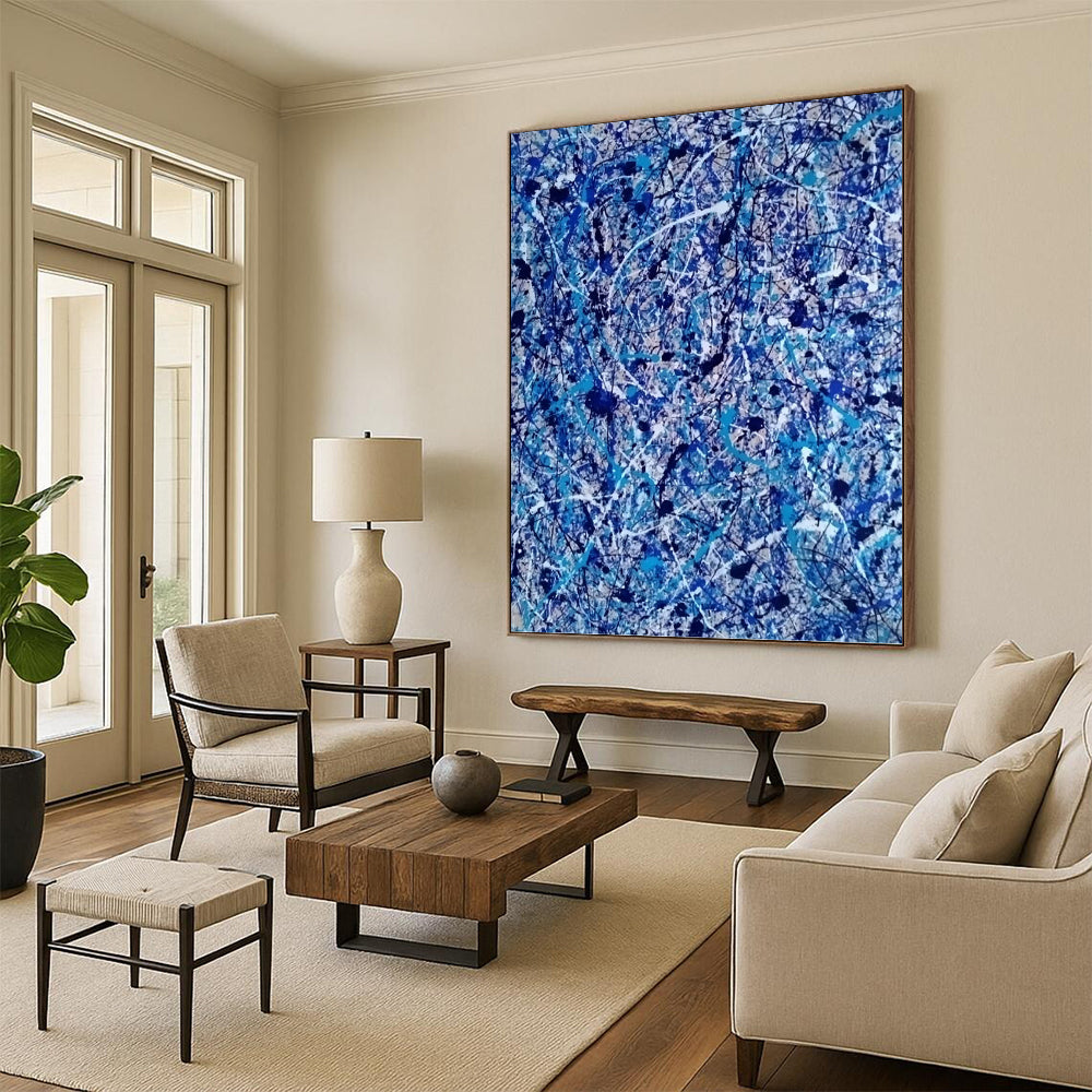 “Chaotic Blue Web” - Blue, White, and Black Abstract Drip Painting On Canvas DKH1560