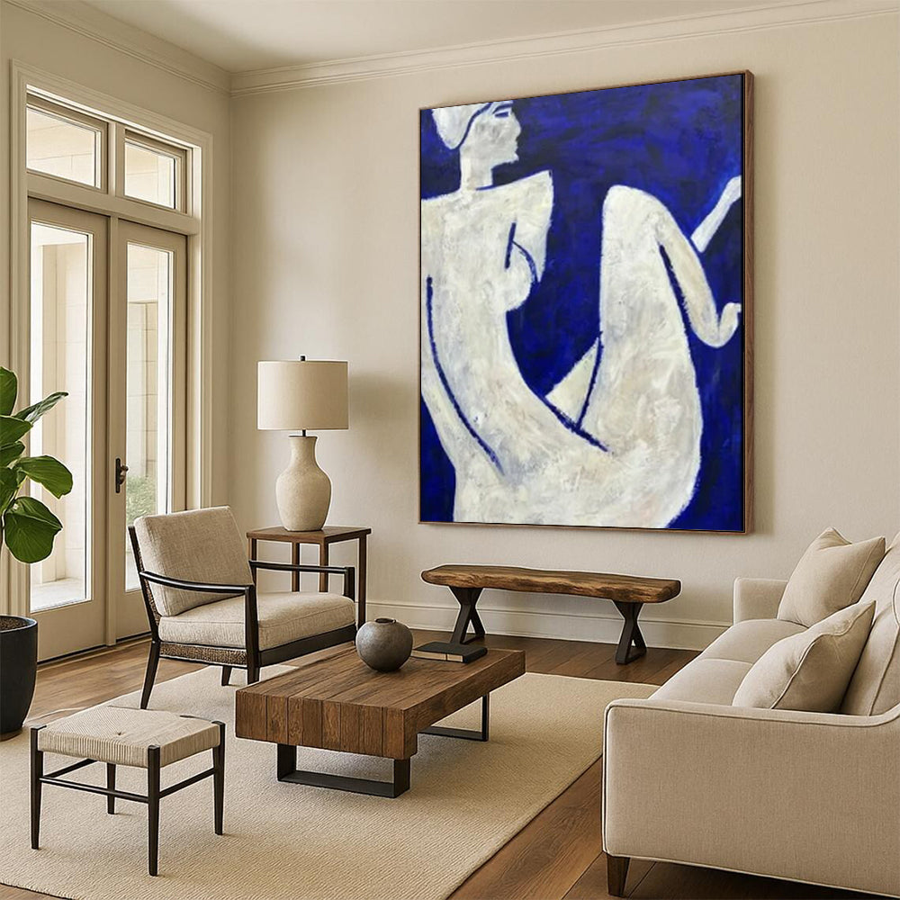 “White Figures On Blue Background” - Figurative Abstract Painting On Canvas CT2329