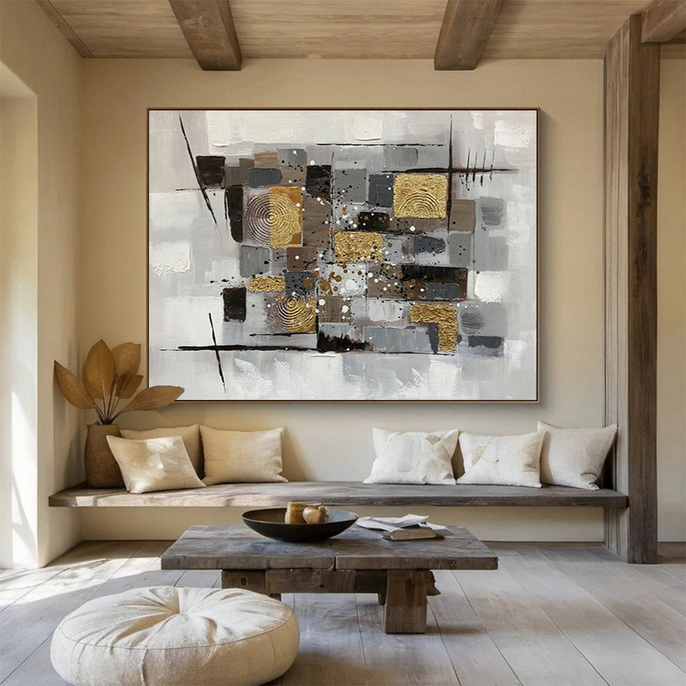 “Neutral Tones & Gold Geometric Collage” Abstract Mixed - Media Painting On Canvas DKH353
