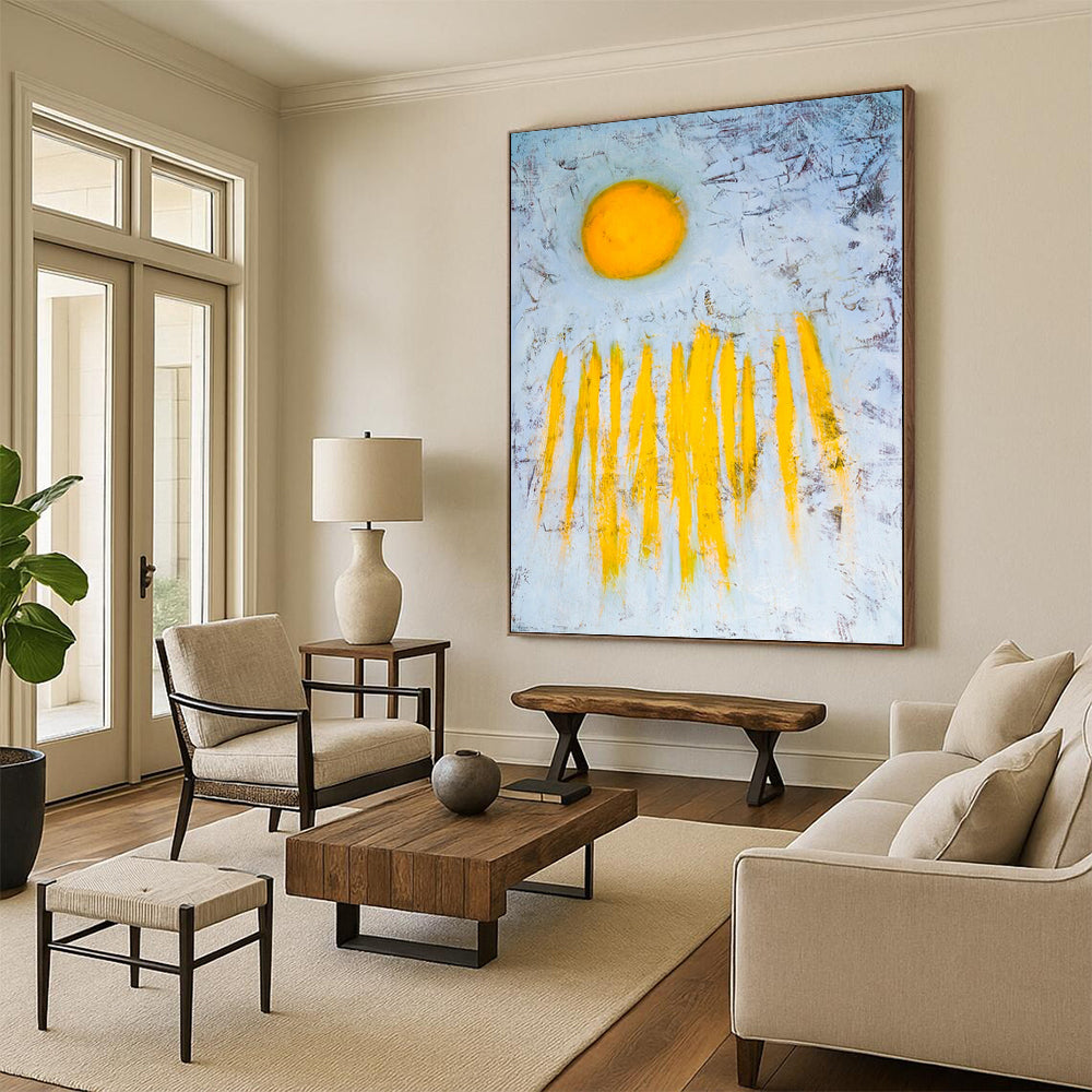 “Yellow Sun & Strokes on Blue” - Abstract Landscape - Inspired Painting On Canvas DKH1089