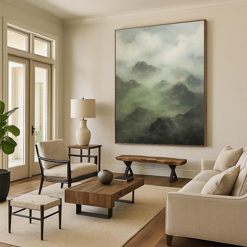 Misty Mountain Landscape in Green and Gray - Landscape Painting On Canvas DKH1480