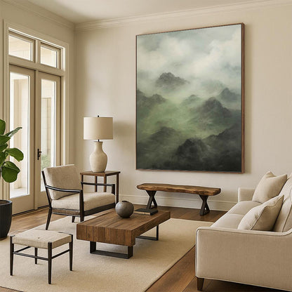 Misty Mountain Landscape in Green and Gray - Landscape Painting On Canvas DKH1480