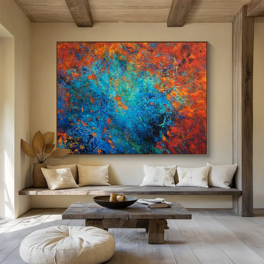 “Fiery Blue Core” - Red, Blue, Orange Abstract Oil Painting On Canvas DKH723