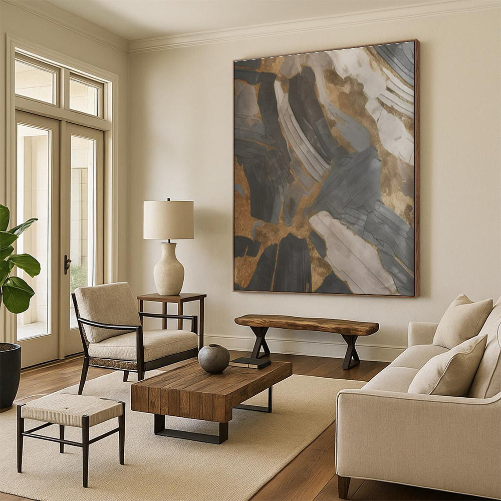 “Gray - Gold Abstract Textures” ，Abstract Mixed - Media Painting CT0849