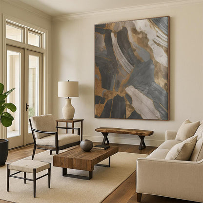 “Gray - Gold Abstract Textures” ，Abstract Mixed - Media Painting CT0849