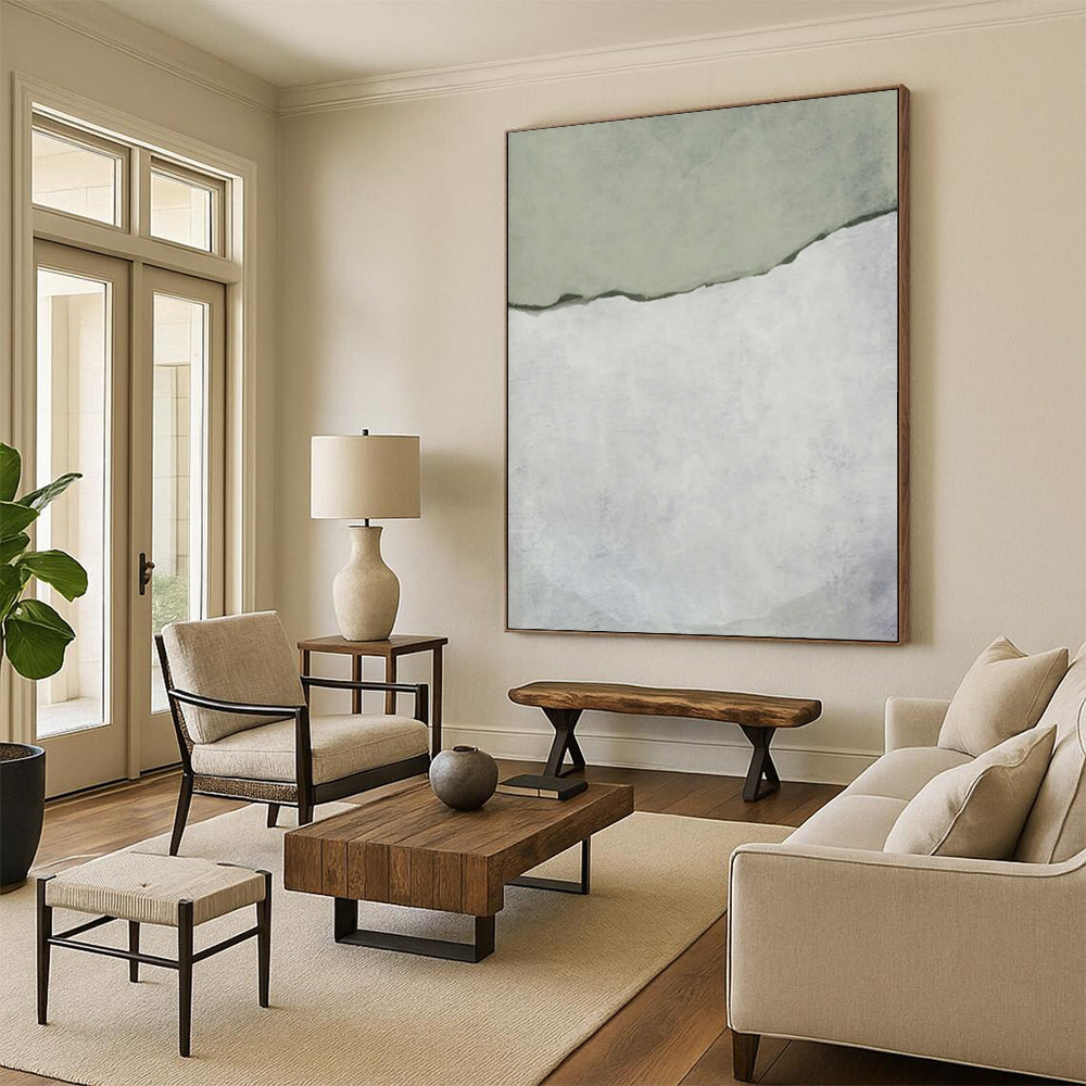 “Soft Green and White Tear” - Green, White Abstract Painting On Canvas DTP241