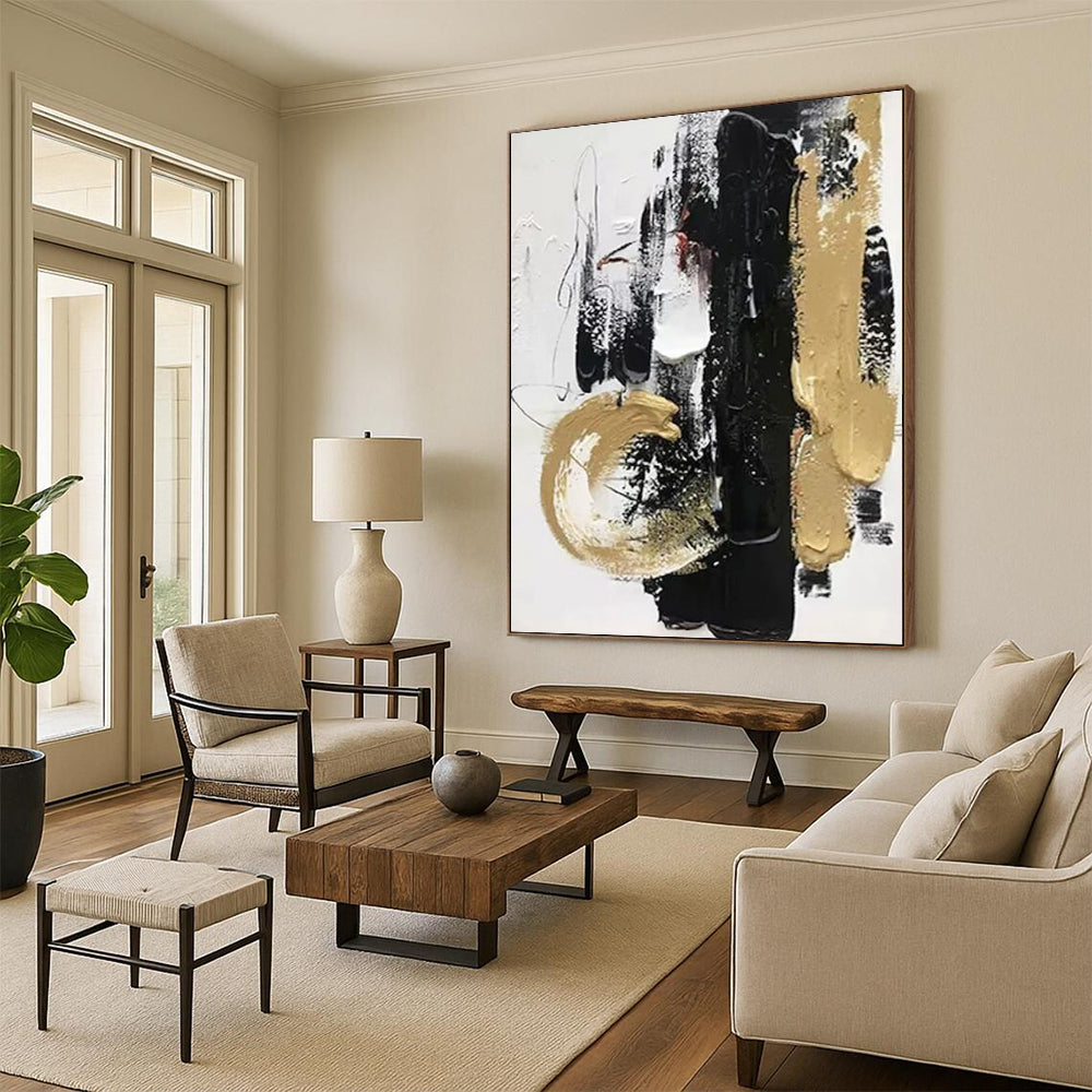 “Black - Gold Abstract Drama” - Textured Abstract Painting On Canvas DTP146
