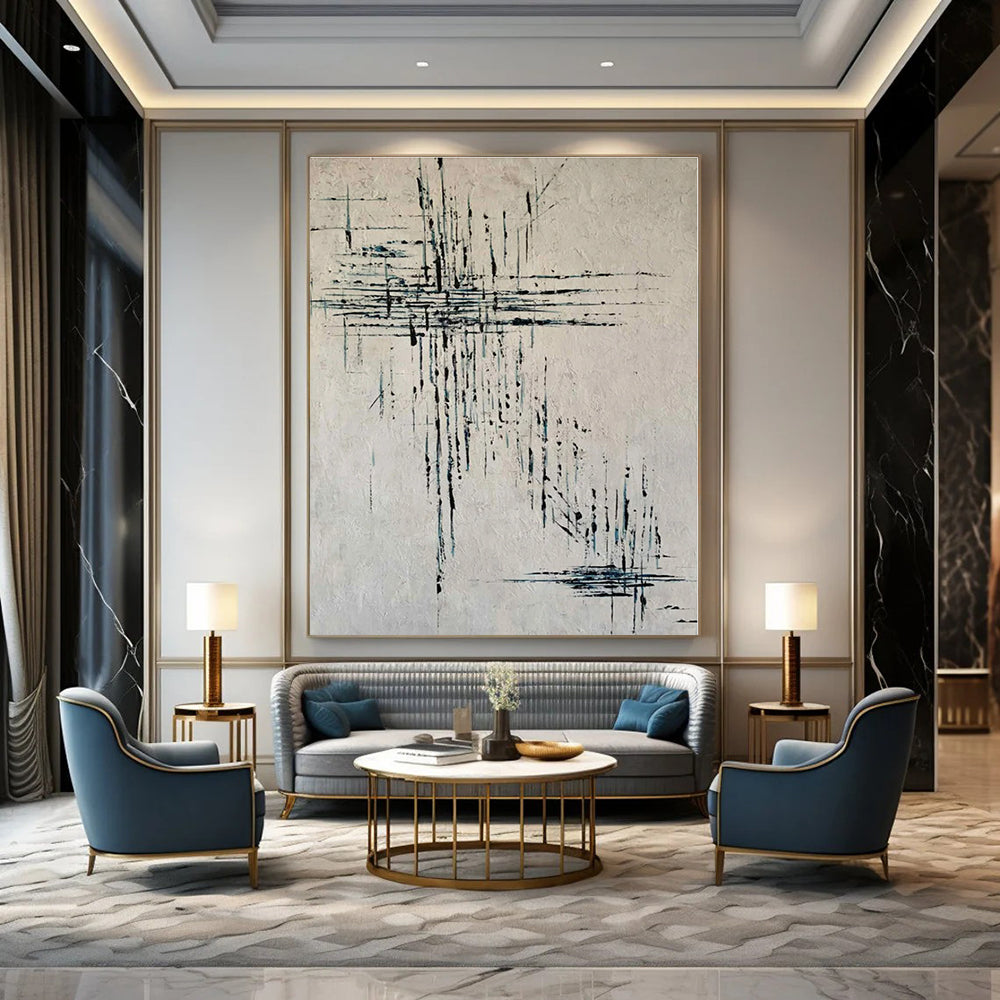 Beige with Blue Dripping Lines - Abstract Expressionist Acrylic On Canvas CT1315