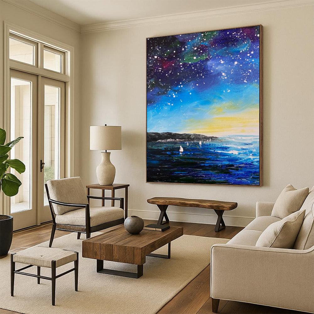 “Starry Night by the Sea: Impressionist Celestial Landscape” - Impasto Oil on Canvas CT1901