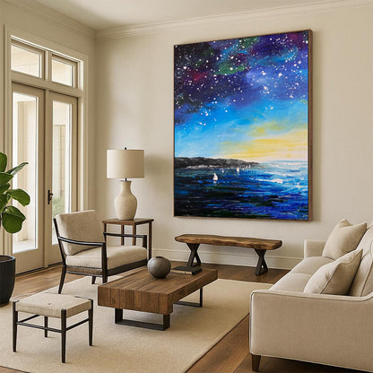 “Starry Night by the Sea: Impressionist Celestial Landscape” - Impasto Oil on Canvas CT1901