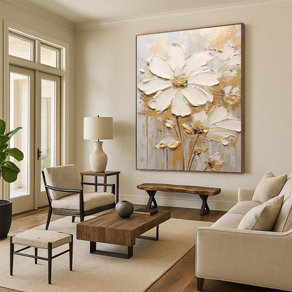 White and Gold Floral Simplicity - Impasto Flower Painting On Canvas DKH1395