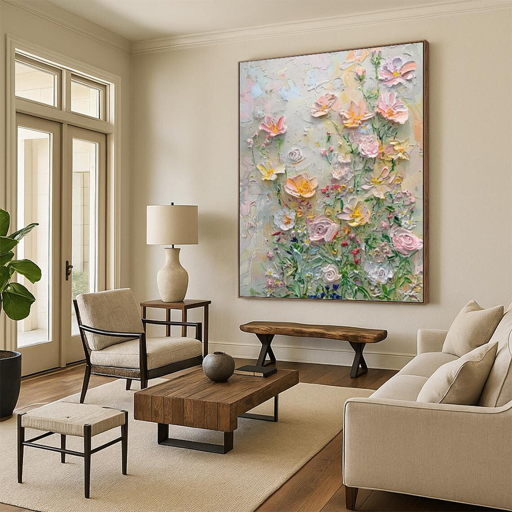 Impasto Flower Garden in Pastels - Impasto Floral Painting On Canvas DKH1384