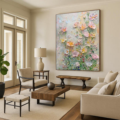 Impasto Flower Garden in Pastels - Impasto Floral Painting On Canvas DKH1384