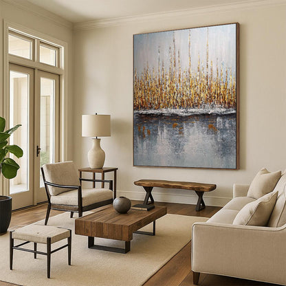 “Golden Reeds by Gray Water” – Landscape Oil Painting On Canvas CT2103