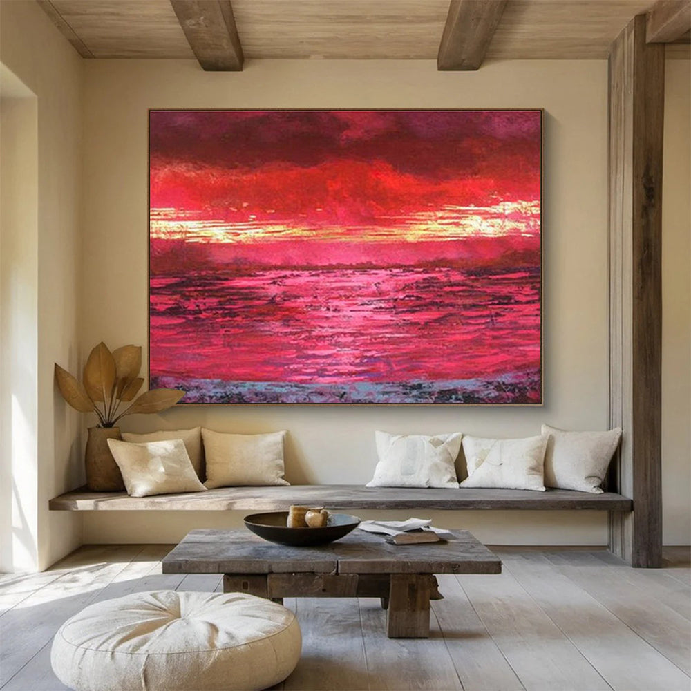 Red Sunset Over Water Painting On Canvas DKH191