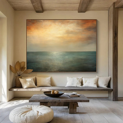 “Orange, Teal, Gray Seaside ‘Eternal Sunset’” - Abstract Seascape Painting On Canvas DLZ010